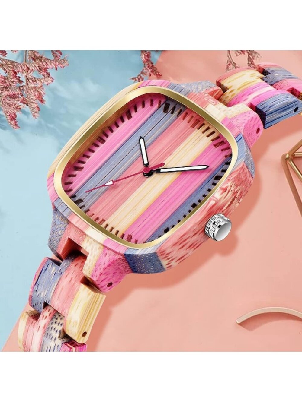 Women's Pink All Wood Strap Analog Classic Design Colorful Bamboo Wrist Watches - Picture 2 of 6